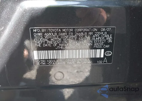 2008 Lexus Es 350 from USA, damaged, VIN JTHBJ46G982162693